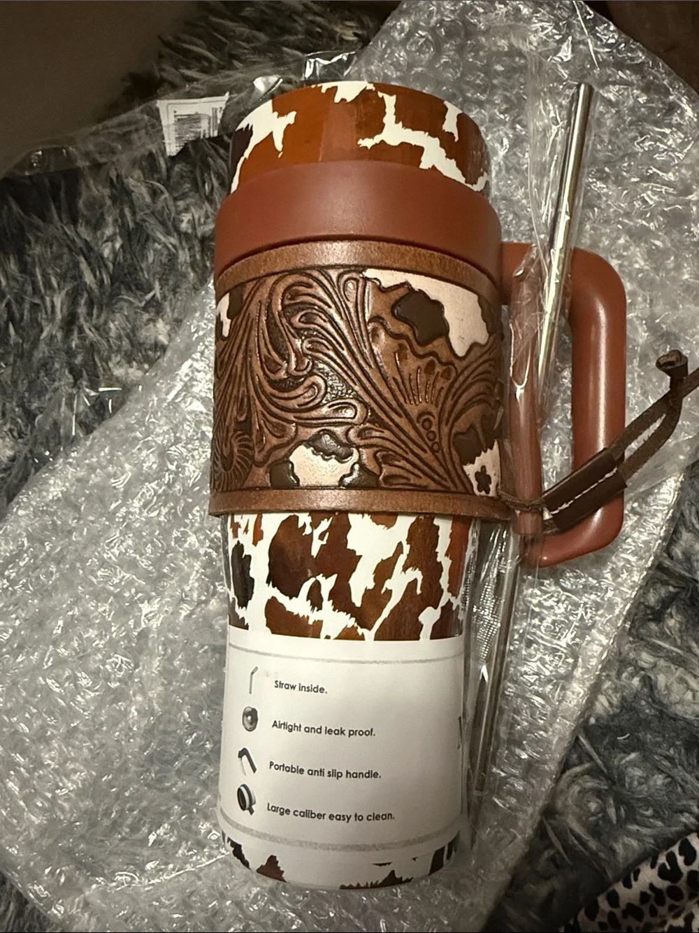Brown Cowhide Pattern Insulated Travel Mug with Leather Wrap